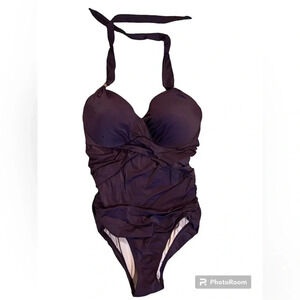 Victoria Secret 36C eggplant colored one piece swimsuit with gold hardware